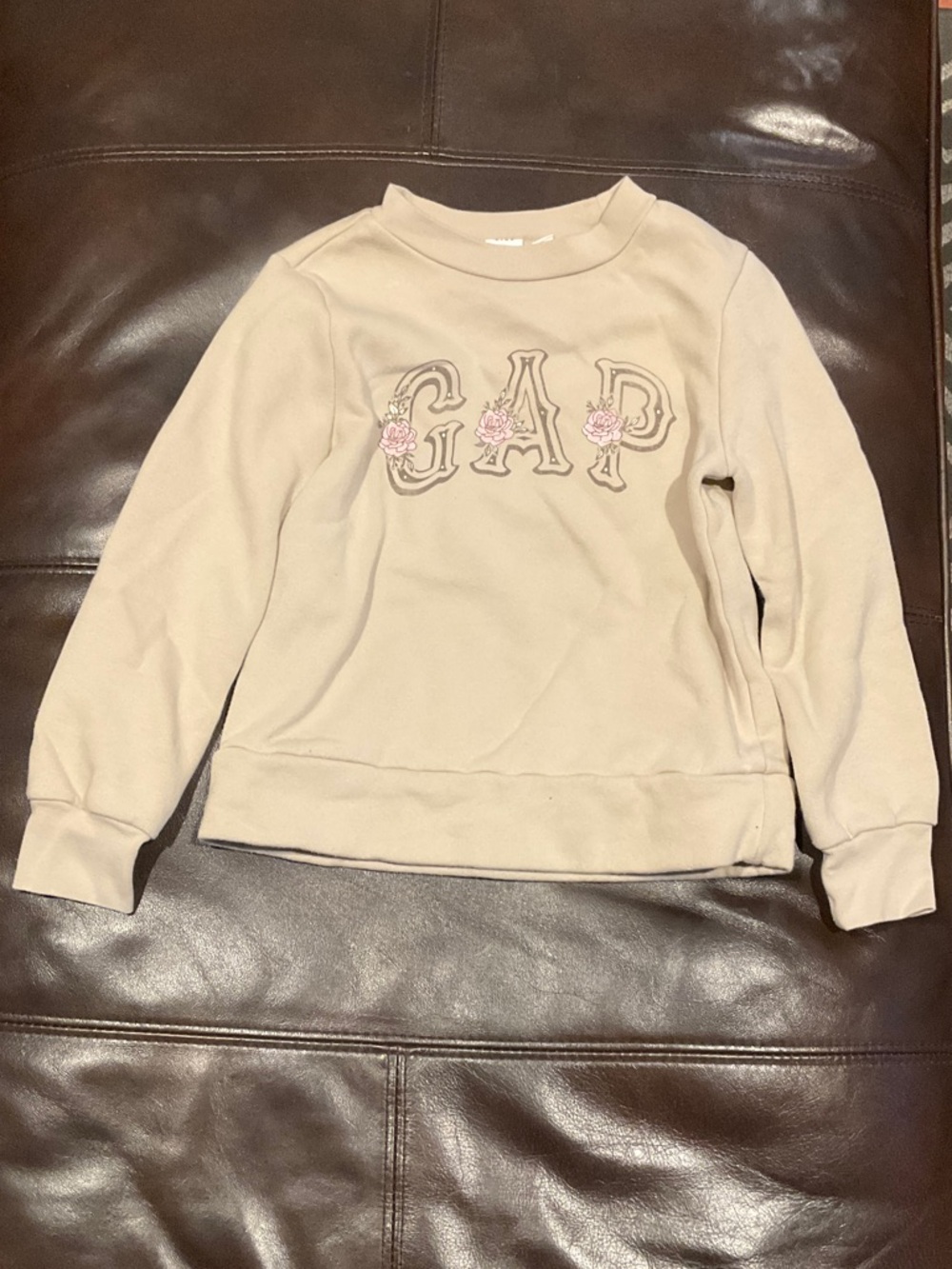 GAP Tan Crewneck Sweatshirt with Pink Floral Logo